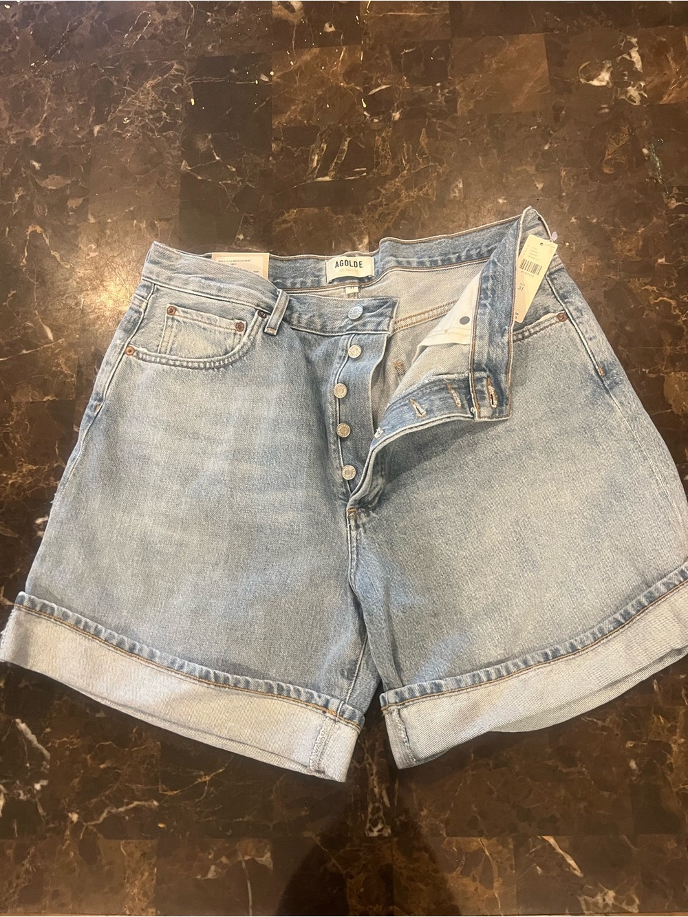 Agolde Light Blue High-Rise Rolled Hem Denim Shorts